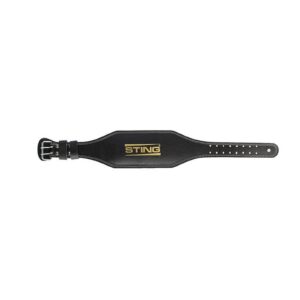 The Sting Eco 4 Leather Belt is black leather with white stitching, a silver buckle, and STING in gold at the center. It has multiple holes for size adjustment.