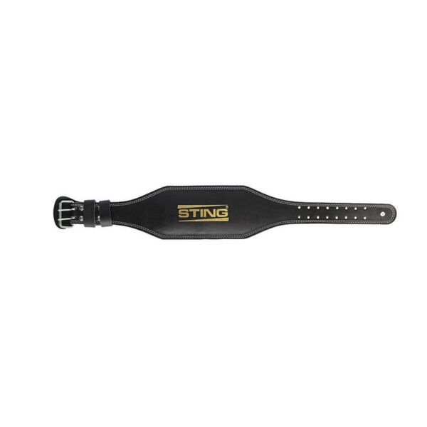 The Sting Eco 4 Leather Belt is black leather with white stitching, a silver buckle, and STING in gold at the center. It has multiple holes for size adjustment.
