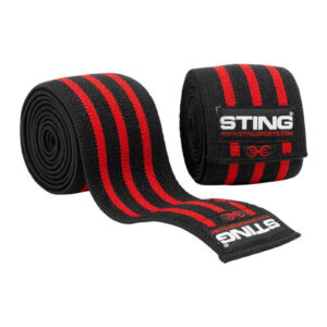 Displayed are two black wrist wraps with red stripes. One is rolled up, the other partially unrolled, featuring the STING branding and website.