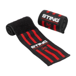 Black and red Sting 18 Wrist Wraps Elasticised, with STING and stingsports.com printed on them. One wrap is unrolled to display its striped pattern, while the other stays rolled.