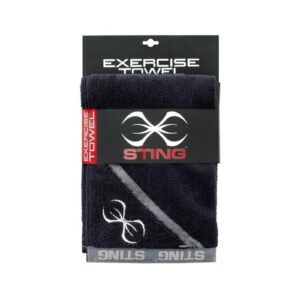 A black Sting Microfibre Gym Towel with a white logo, packaged with Exercise Towel displayed at the top and on the left side.