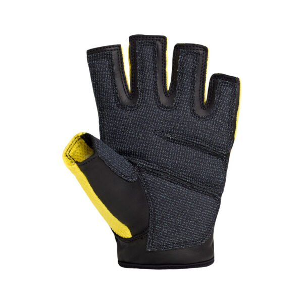 The Sting Eco 4 Leather Belt is crafted with black textured fabric on the back, featuring yellow accents both inside and out. It secures firmly with a wristband design, ideal for activities requiring grip and dexterity.