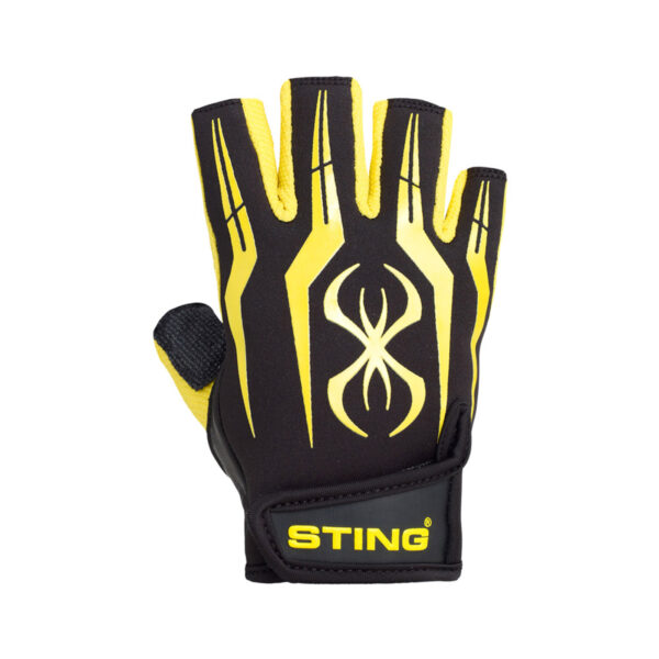 A black and yellow glove with a spider-like design on the back, featuring a Velcro strap at the wrist labeled STING and an open fingerless style.