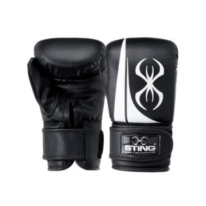 The Sting Airweave Cotton Glove Midi Inner features black boxing gloves with a white design and the Sting logo on the wrist strap, set against a white background.