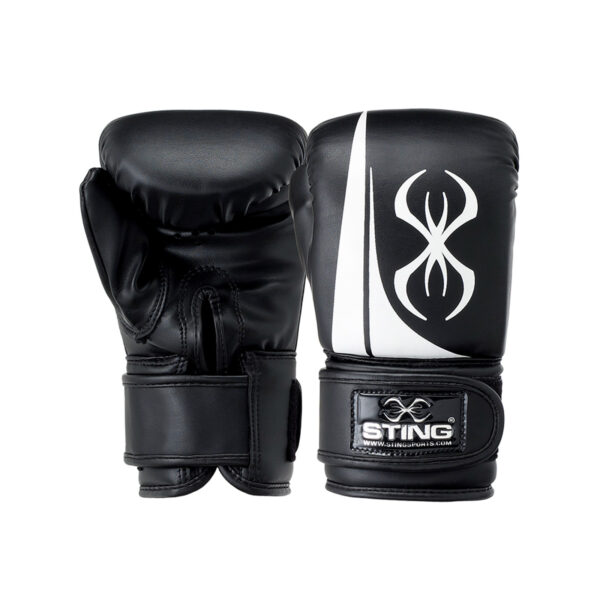 The Sting Airweave Cotton Glove Midi Inner features black boxing gloves with a white design and the Sting logo on the wrist strap, set against a white background.