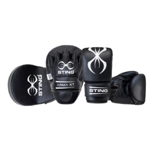 A pair of black boxing gloves and a black focus mitt with white logos and the text Sting Airweave Cotton Glove Midi Inner on a white background.
