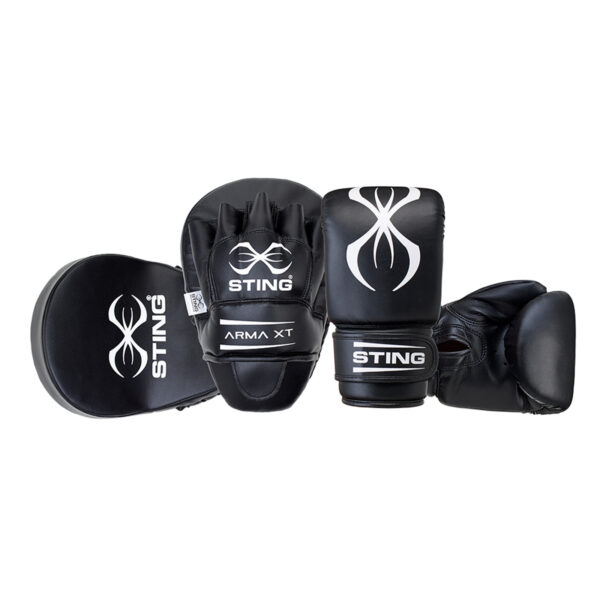 A pair of black boxing gloves and a black focus mitt with white logos and the text Sting Airweave Cotton Glove Midi Inner on a white background.