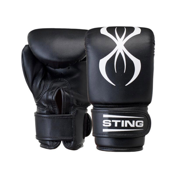 A pair of black Sting Airweave Cotton Glove Midi Inners features a white design with STING on the wrist strap, one glove upright displaying the logo and the other showing the palm side.