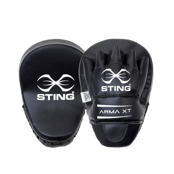 Sting Airweave Cotton Glove Midi Inner focus mitts: one shows the palm side with glove-like grips, and the other reveals the curved striking surface with a logo, perfect for boxing or martial arts training.