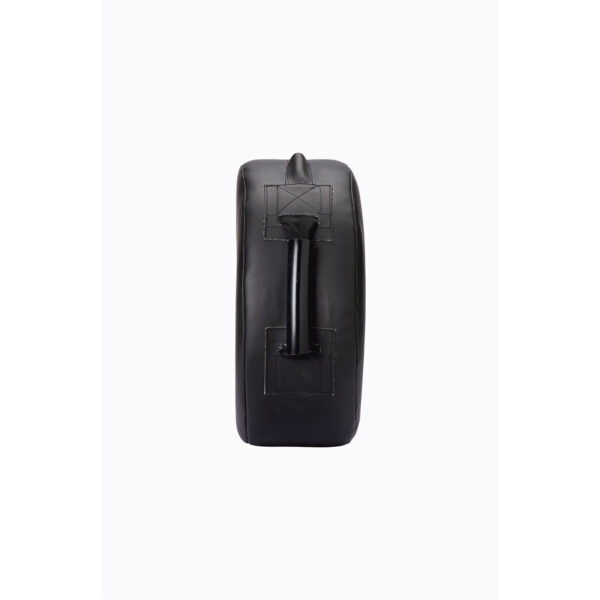 The Sting Round HD Strike Shield is a black leather punching pad featuring a side view and a central sturdy handle for grip. Its design showcases visible stitching, ensuring durability and functionality for martial arts or boxing training.