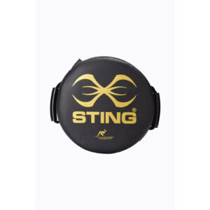 The Sting Round HD Strike Shield is a circular black pad with a gold infinity logo and STING below, featuring handles on both sides.