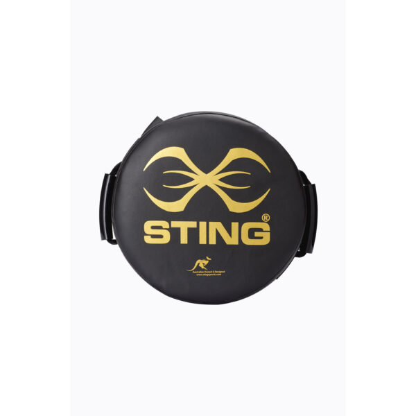 The Sting Round HD Strike Shield is a circular black pad with a gold infinity logo and STING below, featuring handles on both sides.