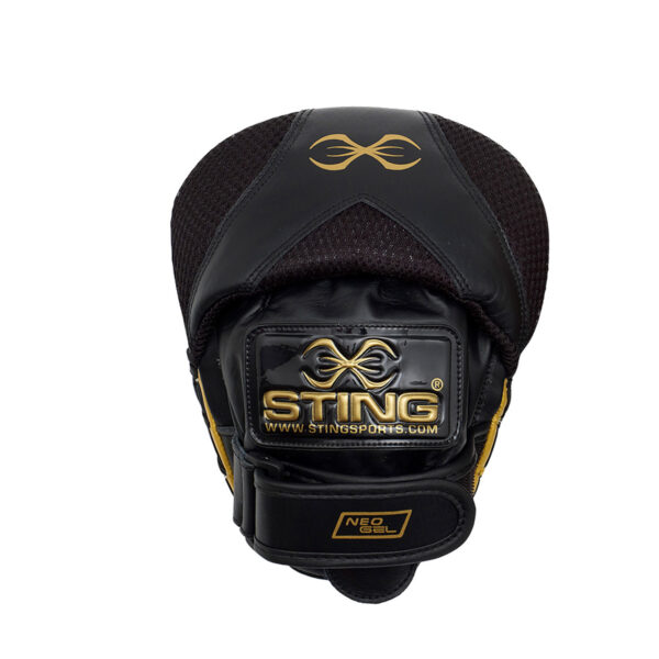 Black and gold Sting Viper Speed Focus Mitt with STING logo and website, featuring NEO GEL label on the wrist strap.