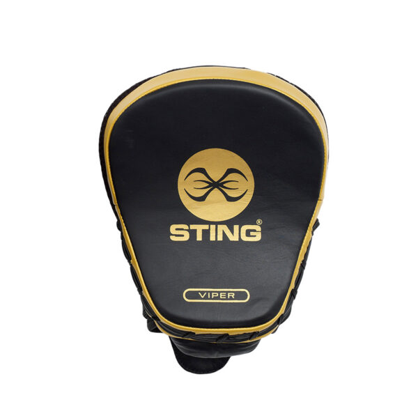 Black and gold rounded teardrop-shaped boxing pad featuring the word STING, a stylized logo, and VIPER below it is known as the Sting Viper Speed Focus Mitt.