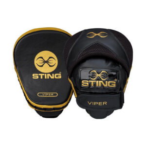 Two Sting Viper Speed Focus Mitts in black and gold are displayed. One shows the Sting logo and brand name, while the other reveals its padded front designed for boxing training.