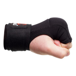 A close-up shows a fist wearing Sting Quick Wraps Elasticised in black, covering the wrist and knuckles. Visible stitching details enhance the fabric, while the white background highlights the wrapped hand.