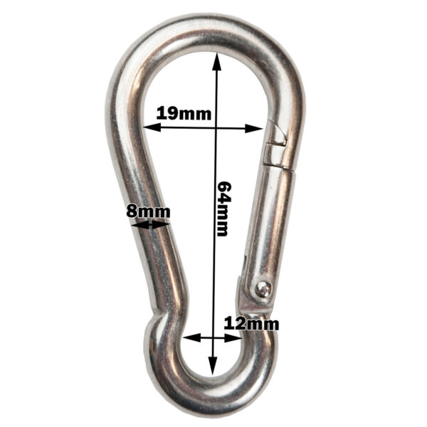 The Arm Bar is a silver carabiner measuring 64mm in length, 19mm at the widest point, 12mm at the narrowest, and 8mm thick. It includes a spring-loaded gate for securing items.