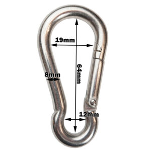 The 8mm Triangle Carabiner for Cable Attachments is a silver clip featuring a closed gate, measuring 64mm in length, 19mm in width, and a 12mm gate opening.