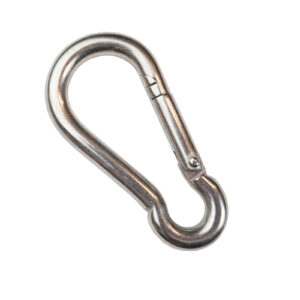 The 8mm Carabiner for Cable Attachments, depicted against a plain white background, features a spring-loaded gate. Its robust construction ensures reliability, making it ideal for securing items in climbing or other activities.
