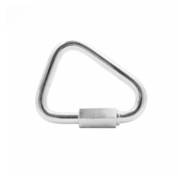 The 8mm Triangle Carabiner for Cable Attachments is a silver tri-link clip with a triangular design and screw lock, elegantly isolated on a white background.