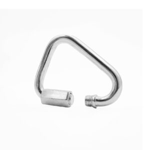 The 8mm Triangle Carabiner for Cable Attachments, shaped like a triangle with a threaded closure on one end, is presented on a white background.