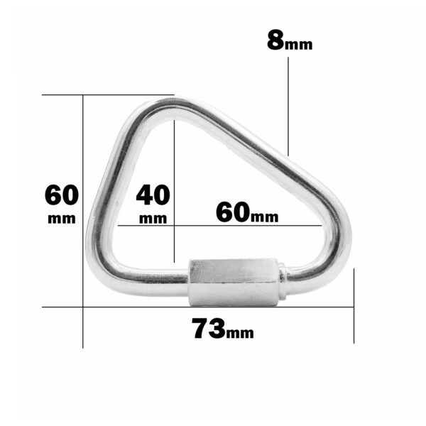 The product, 8mm Triangle Carabiner for Cable Attachments, is a robust metal quick link with a threaded closure. It measures 73mm across, with side dimensions of 60mm and 40mm, crafted from an 8mm diameter metal resembling a triangular carabiner clip.