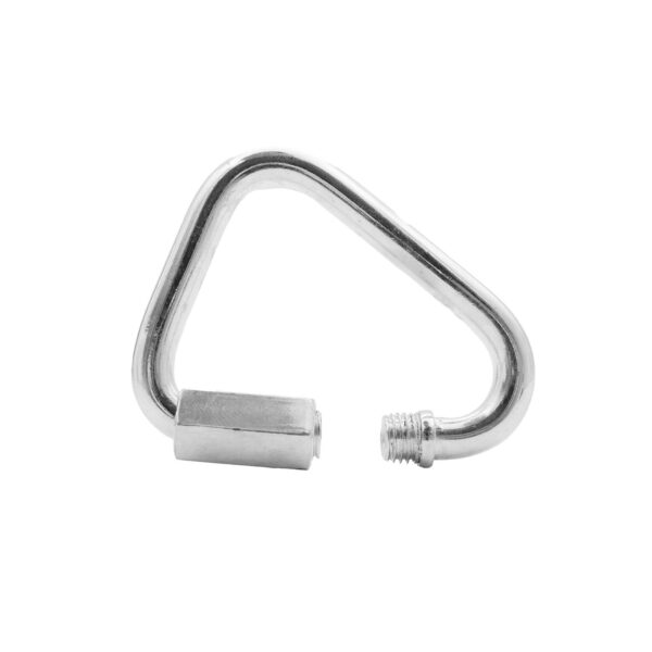 An 8mm Triangle Carabiner for Cable Attachments is displayed on a white background, featuring a partially open threaded closure that reveals the screw mechanism. It is crafted from shiny, silver-colored metal.
