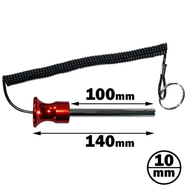 A Magnetic 10mm x 100mm Aluminium Weight Stack Pin in red, featuring a coiled black lanyard and keyring attachment. The pin measures 140mm long and 10mm in diameter, with the coiled lanyard at 100mm.