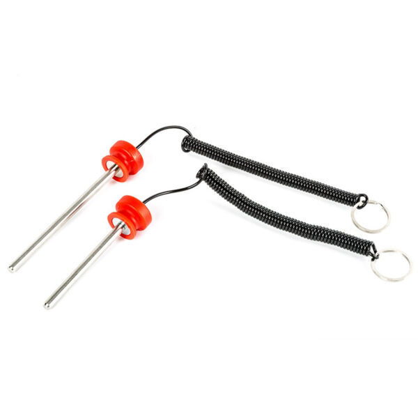 Two Magnetic 10mm Weight Stack Pins (100mm) with red plastic handles are shown parallel on a white background, each featuring black coiled lanyards and attached keyrings.