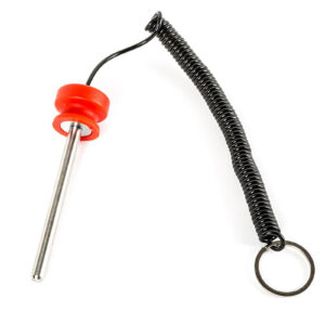 The Magnetic 10mm Weight Stack Pin 140mm features a metal pin with a red handle, attached to a black coiled cord ending in a keyring.