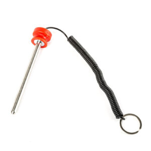 The Magnetic 10mm Weight Stack Pin 140mm features a red plastic top on a metal pin attached to a black coiled wire ending in a metal ring. Its designed as a locking mechanism for safety, against a white background.