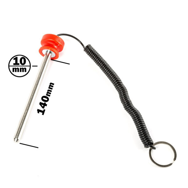 The Magnetic 10mm Weight Stack Pin 140mm is a metal rod with a red knob at one end, featuring a coiled black wire and a metal ring at the opposite end.