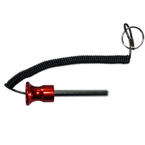 The Magnetic 10 mm x 80 mm Aluminium Weight Stack Pin, featuring a red aluminum handle, is attached to a black coiled lanyard and key ring, stretched out horizontally against a white background.