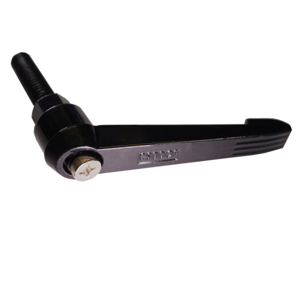 A black metal lever with a threaded bolt, textured handle, and hexagonal nut at the pivot point engraved with a brand name is ideal for securing or adjusting mechanical components, complementing a 70mm Aluminium Pulley.