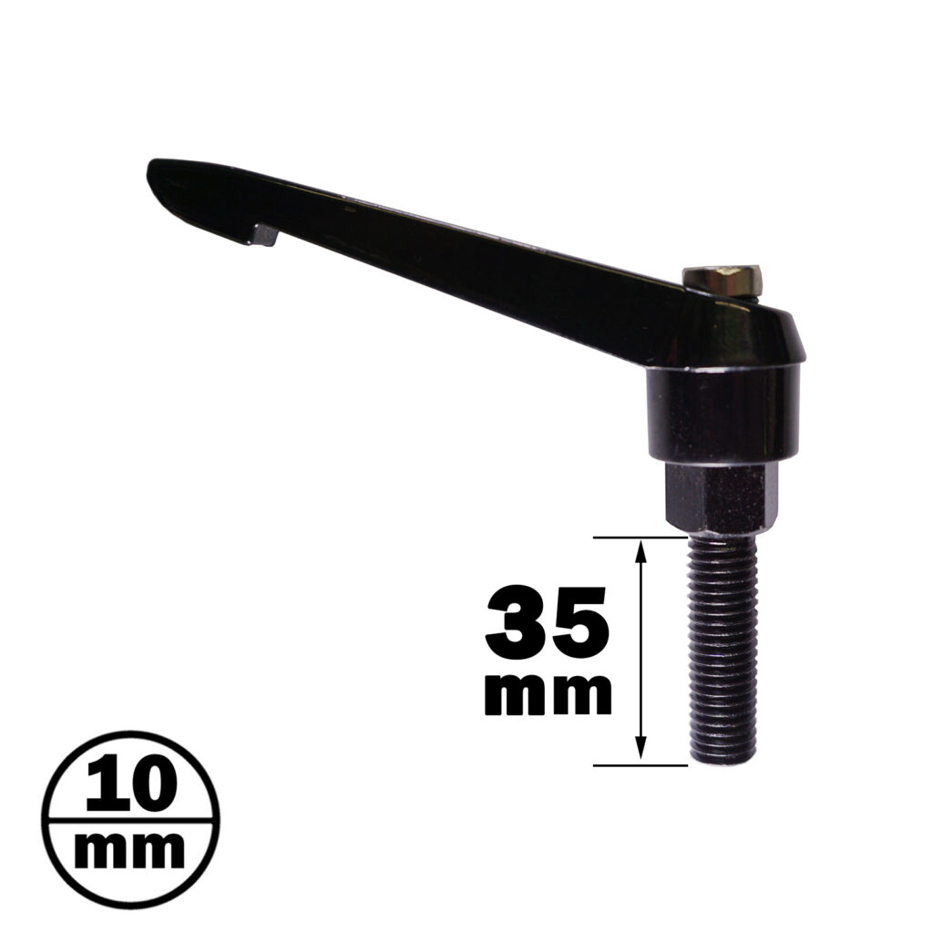A black lever handle with a threaded bolt, 35mm long. A circular label reads 10 mm, likely the bolt diameter. Positioned diagonally, an arrow highlights its length. Product: 70mm Aluminium Pulley.