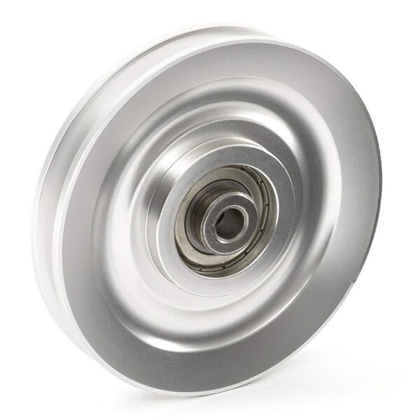 The Aluminium Pulley Wheel 115mm features a circular and ridged design, showcasing a smooth, shiny surface with a central bearing.