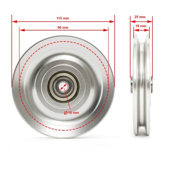 The Aluminium Pulley Wheel 115mm features a 115 mm diameter, 96 mm inner circle diameter, and a center hole of 10 mm. It has a thickness of 25 mm and an 18 mm groove depth, with front and side views displayed.