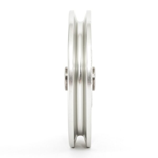 A side view of the Aluminium Pulley Wheel 115mm, featuring a central groove for mechanical systems, is displayed against a white background to showcase its smooth silver surface and round shape.