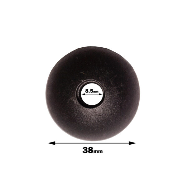 A top-down image displays a black rubber Gym Cable Ball 25mm with a circular design, featuring an 8.5mm central hole and an overall diameter of 38mm.