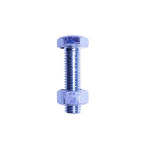 A close-up shows a Cable Gym Bolt M12 with hexagonal nuts on each end, oriented vertically against a plain white background.