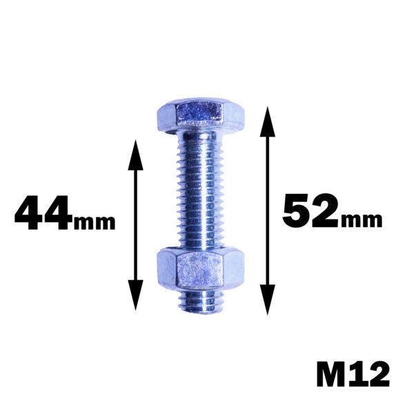 A metallic Cable Gym Bolt M12 with nuts on both ends, labeled 44mm on the left and 52mm on the right, showing the lengths from bolt ends to nut edges. The background is white.