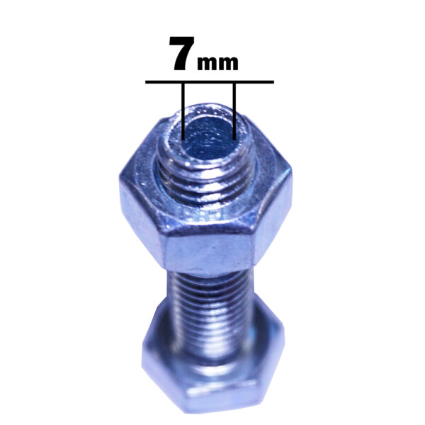 A Cable Gym Bolt M12 with a hexagonal head and a nut, marked 7 mm for its diameter, is shown against a plain white background.
