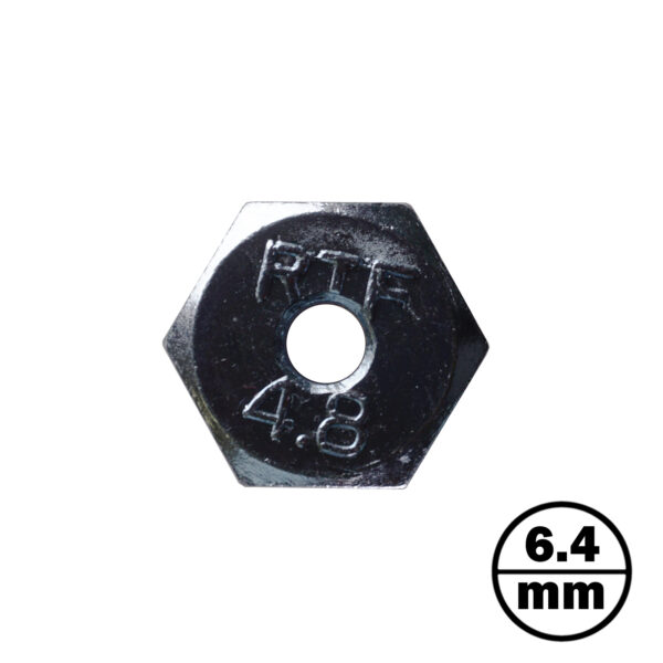 A shiny metallic hexagonal nut engraved with PTF 4.8 is displayed, labeled as a Cable Gym Bolt M12. In the bottom right corner, a circle contains 6.4 mm.