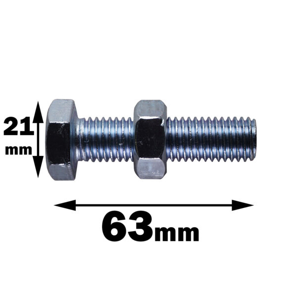 The Cable Gym Bolt M12 is a metal bolt with a hexagonal head and nut, measuring 63mm in length and 21mm in width, with dimensions indicated by arrows.