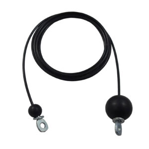 The Replacement Gym Cable Manufacture is a black cable with loops on both ends, featuring a small black ball attached near one loop and a larger black ball near the other.