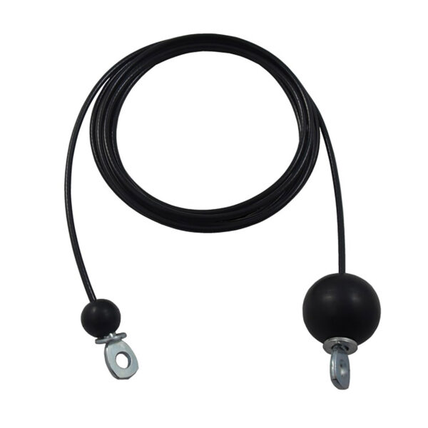 The Replacement Gym Cable Manufacture is a black cable with loops on both ends, featuring a small black ball attached near one loop and a larger black ball near the other.