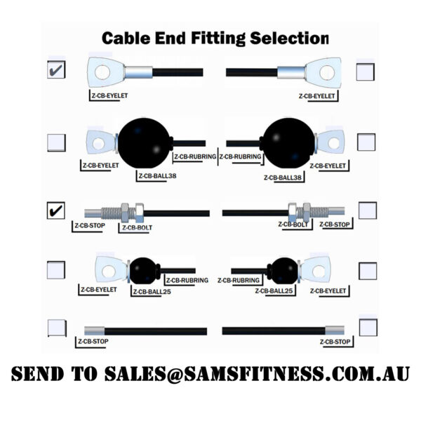 The Replacement Gym Cable Manufacture chart features eight end fittings: Z-CB-EYELET, Z-CB-RUBRING, Z-CB-BALL38, Z-CB-BALL25, Z-CB-BOLT, and Z-CB-STOP. The leftmost option is selected. Contact sales@samsfitness.com.au for inquiries.