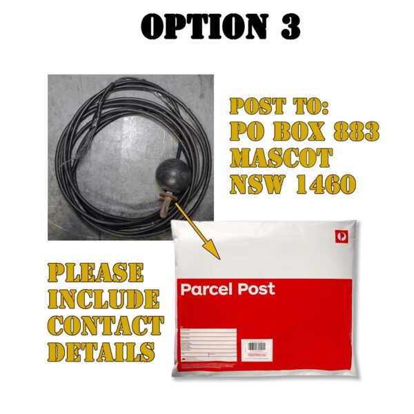 An image displays a Replacement Gym Cable with a black weight and a red & white parcel post bag. Text reads: OPTION 3. Ship to: PO BOX 883 Mascot NSW 1460. Please include your contact information.
