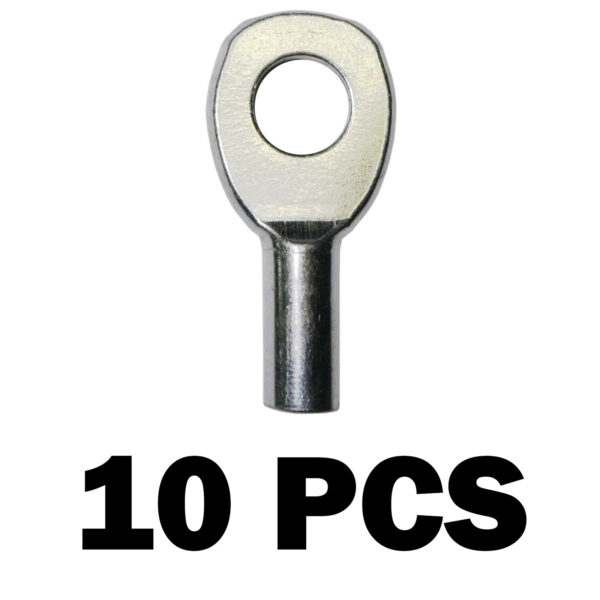 A Gym Cable Swage Eyelet with a metallic finish features a circular hole at the top and a stem below, showcasing 10 PCS in bold black letters at the bottom.