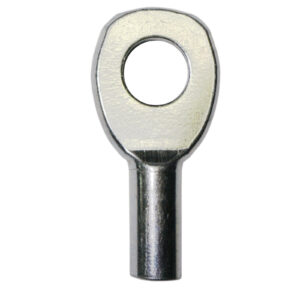 Close-up of a Gym Cable Swage Eyelet, showcasing its metallic and reflective silver finish with a circular opening for wire connections, ideal for electrical use.